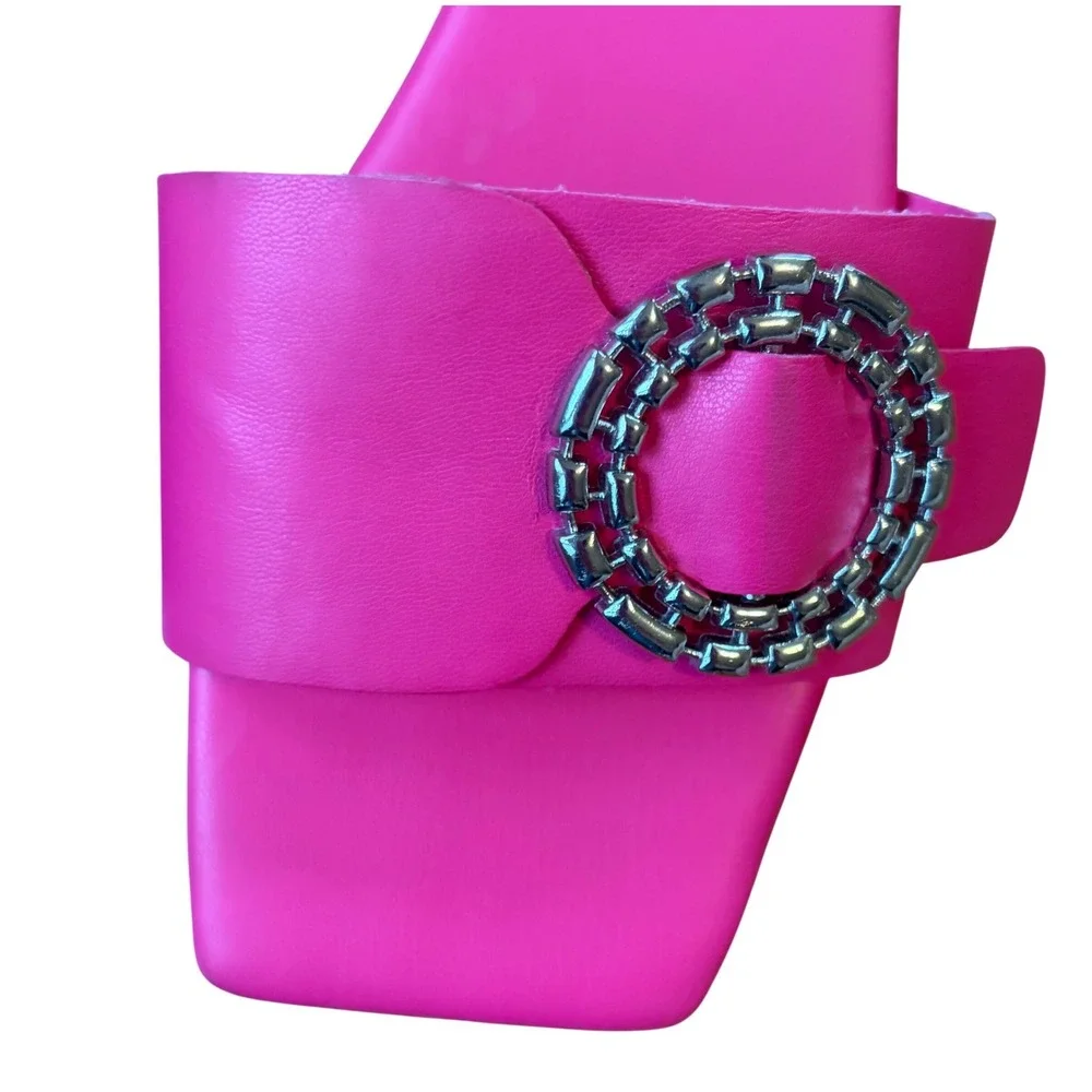 Open Edit Hot Pink Square Toe Slides Sandals Silver Buckle Flats Sz 9 Barbiecore